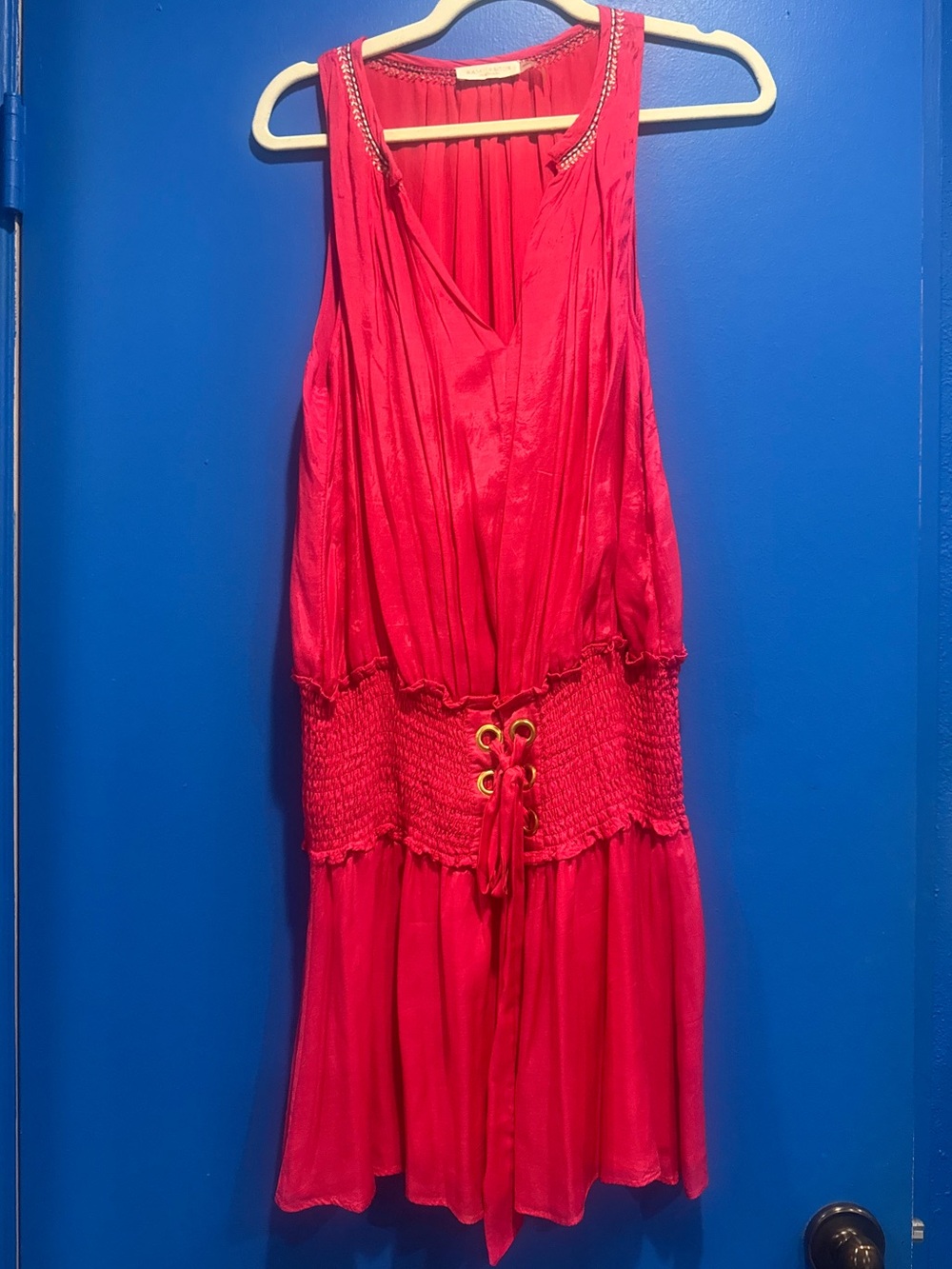Ramy Brook Hot Pink Pleated Sleeveless Dress with Embroidered Neckline